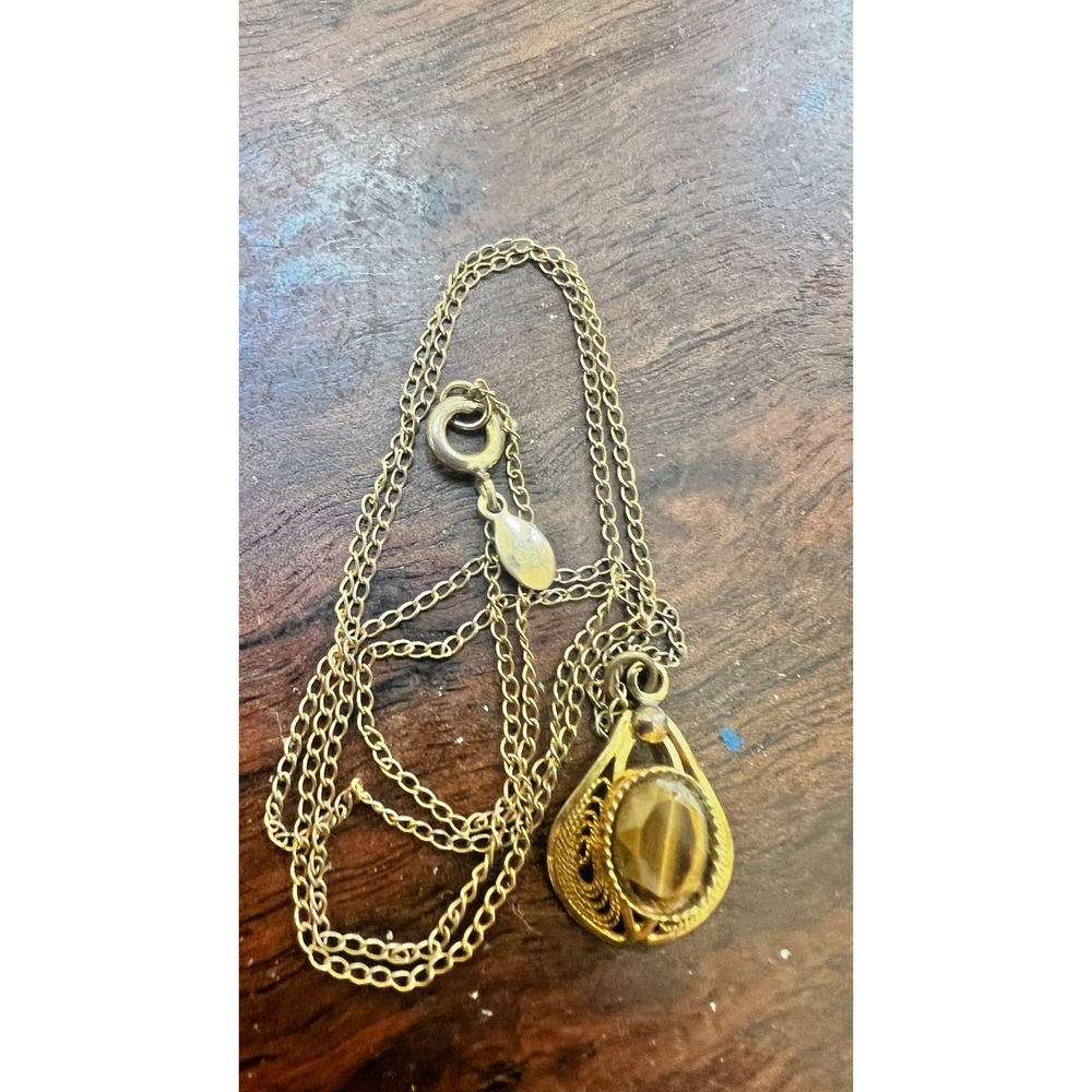 Vintage Gold‎ Filled Oval Pendant Necklace Textured Cabochon 18"